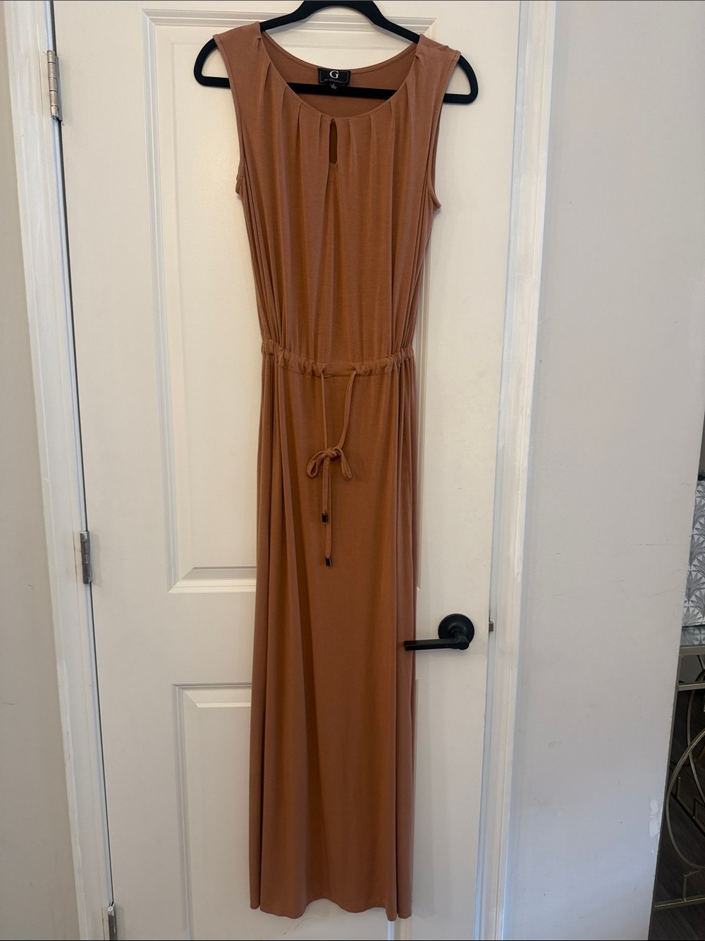 Tan Sleeveless Maxi Dress with Drawstring Waist